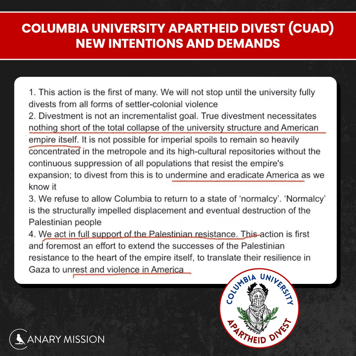 CUAD released a radical manifesto demanding “the total collapse of the university structure and American empire,” explicitly calling to “undermine and eradicate America.”